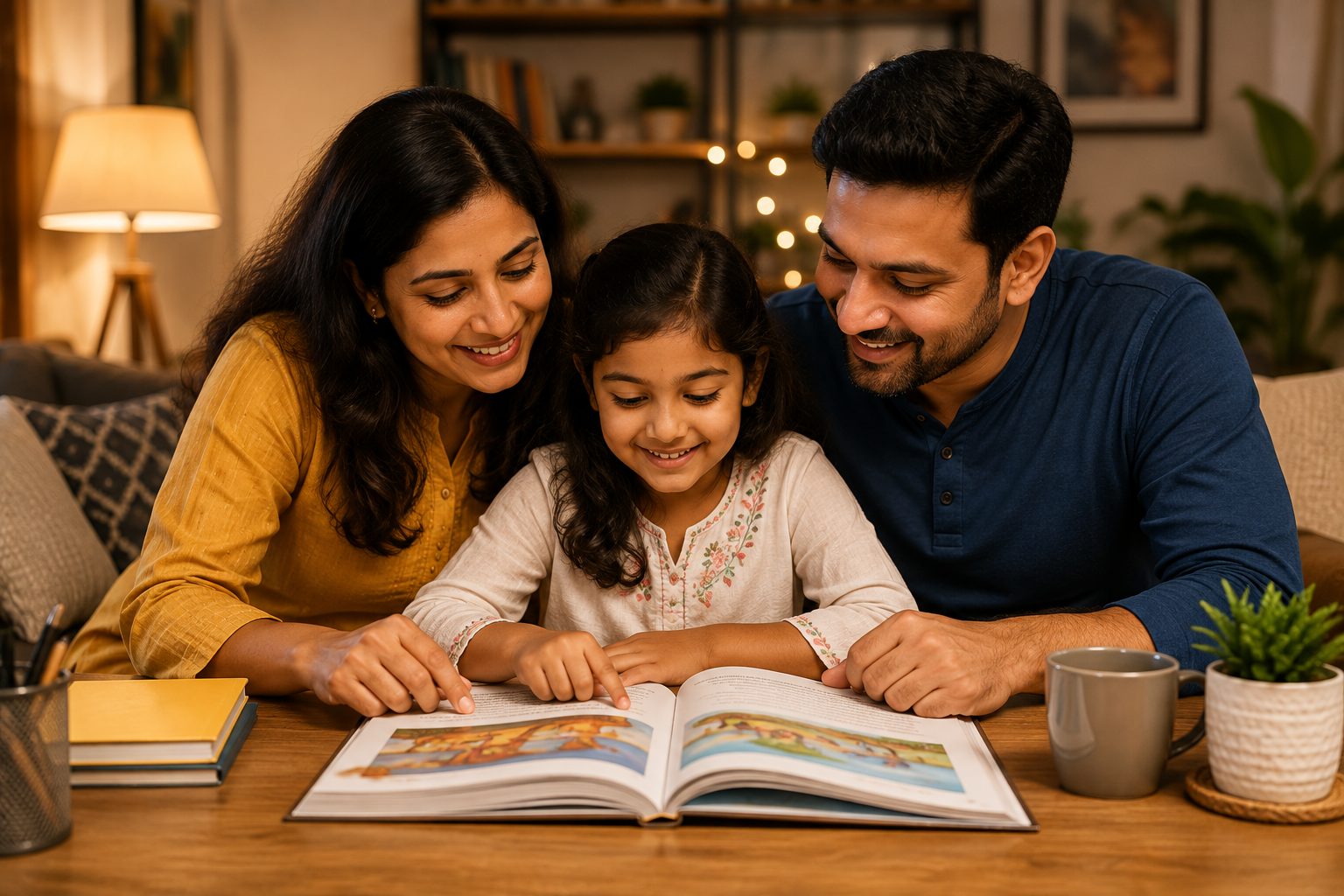An Indian mother, father and daughter sitting together at a warmly-lit table, reading a storybook and smiling